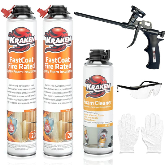 Kraken Bond Fastcoat Fire Rated Spray Foam Insulation Kit Closed Cell in a Can 40 sq ft (2x27.1 oz.) (R-Value 11.32 / 2in) - Spray Foam for Garage Door, Attic, Wall Gun & Cleaner Included, 2 Pack