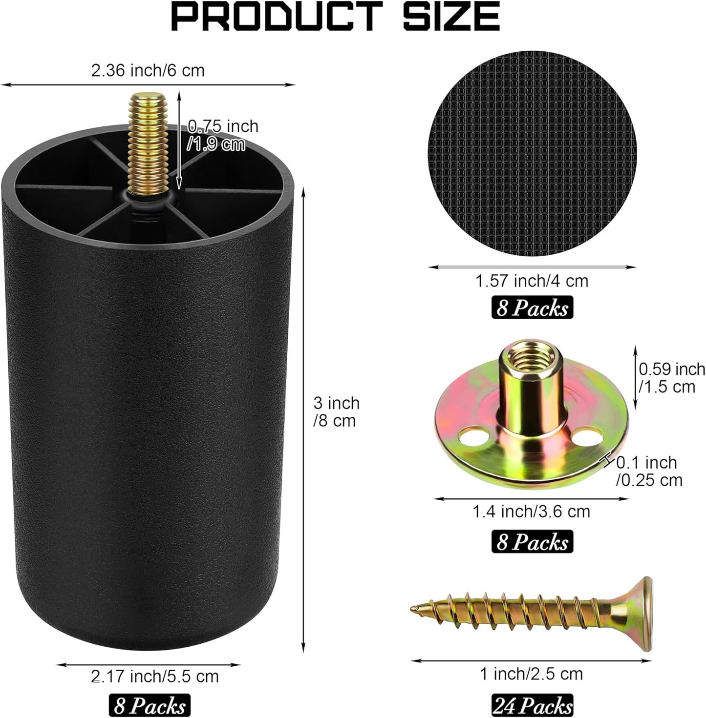 TURSTIN 8 Pack 3 Inch Plastic Furniture Legs with M8 T-Nuts Screws Tapered Sofa Couch and Chair Legs Replacement Furniture Legs for DIY Projects Sofas Coffee Tables Dressers Beds