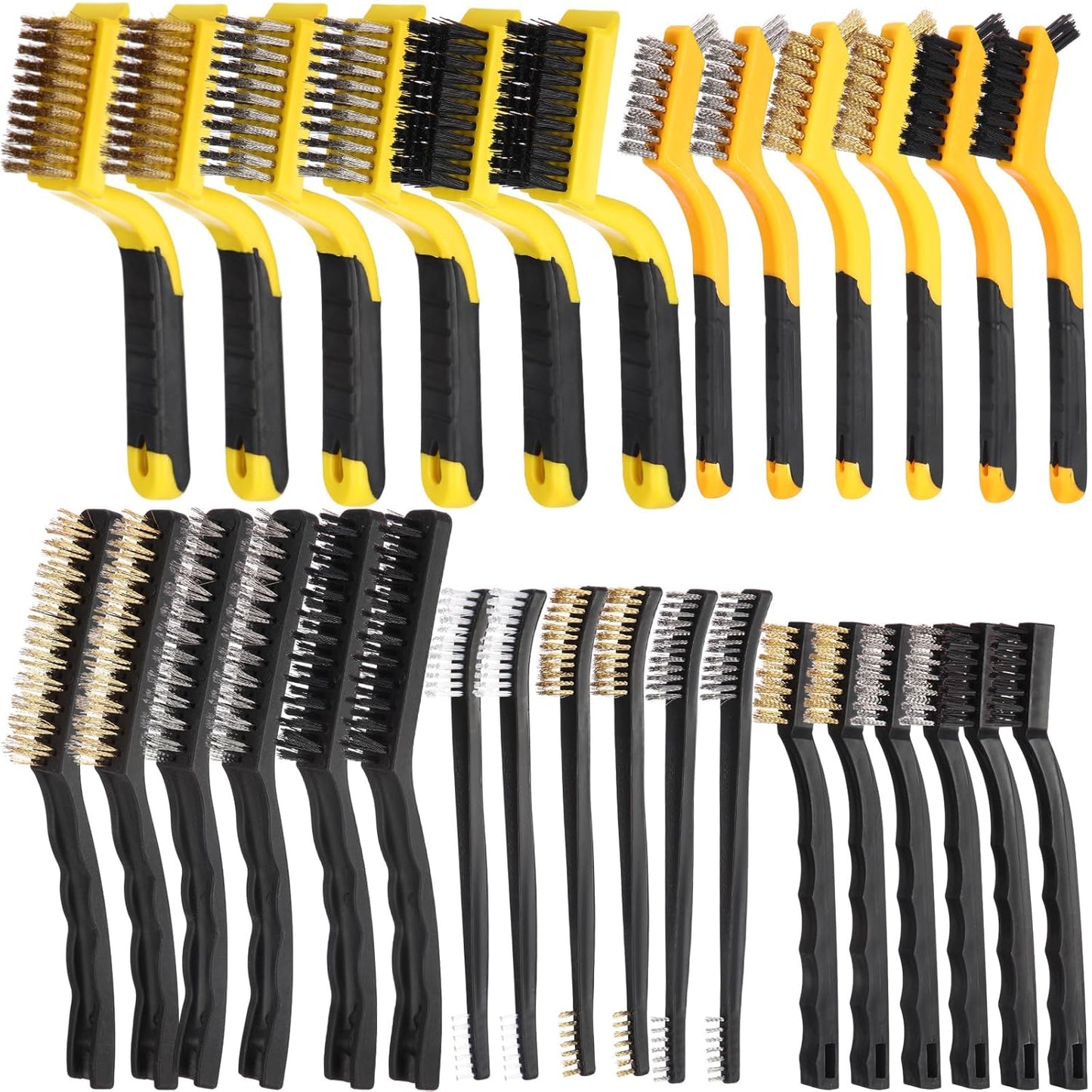 Sumind 30 Pcs Wire Cleaning Brush Set Nylon/ Stainless Steel/ Brass Metal Brush with Curved Handle Grip Paint Remover for Cleaning, Rust, Drill, Scrub, Grout Cleaner Tool (Yellow and Black)
