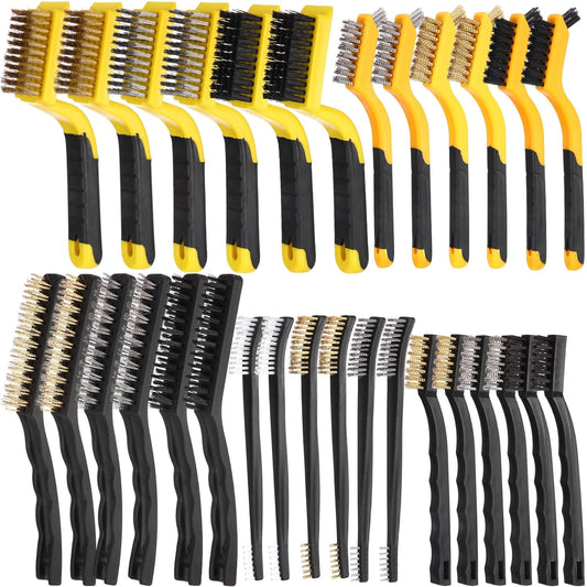 Sumind 30 Pcs Wire Cleaning Brush Set Nylon/ Stainless Steel/ Brass Metal Brush with Curved Handle Grip Paint Remover for Cleaning, Rust, Drill, Scrub, Grout Cleaner Tool (Yellow and Black)