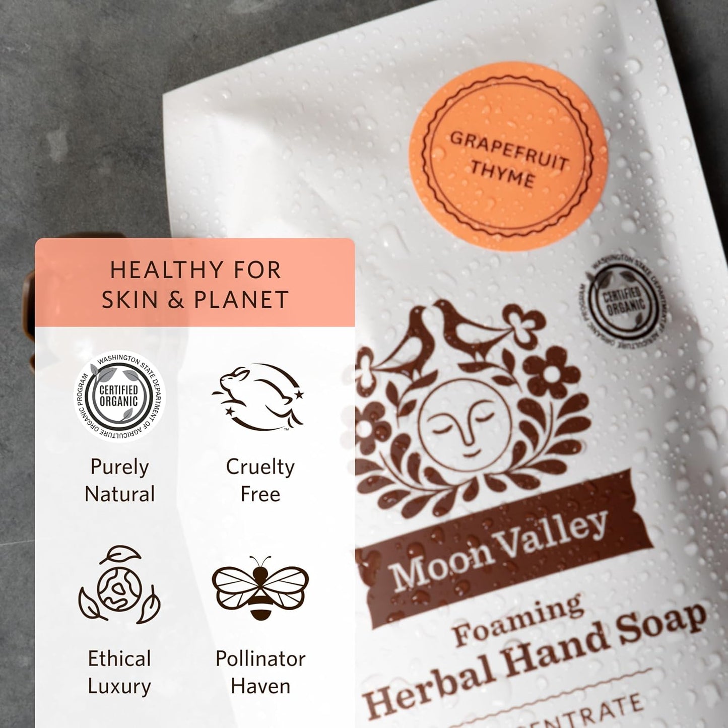 Moon Valley Foaming Hand Soap Refill Pouch, Two-Pack Grapefruit Thyme Soap, Vegan and Non-GMO, Environmentally Friendly Option