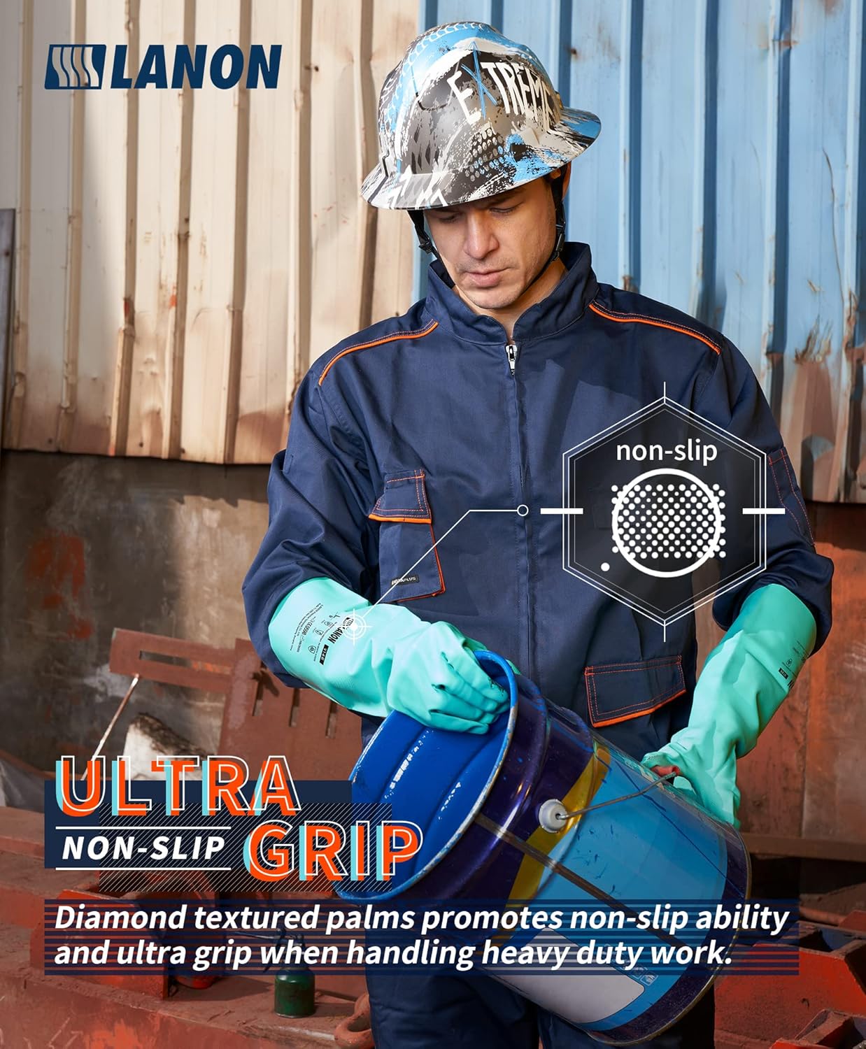 LANON Nitrile Chemical Resistant Gloves, Reusable Heavy Duty Safety Work Gloves, Acid, Alkali and Oil Protection, 18" Length, Non-Slip, XX Large