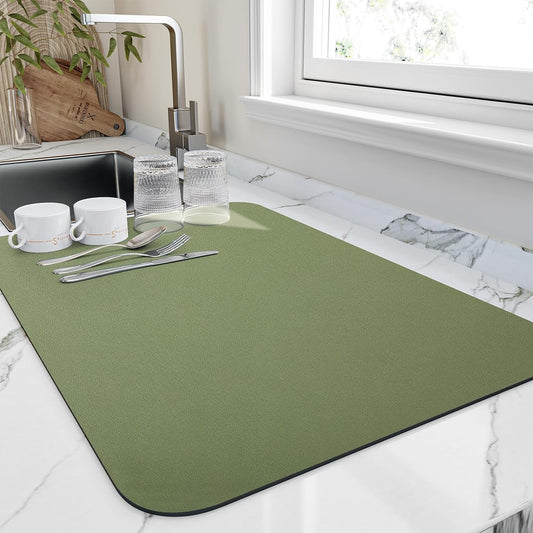 Dish Drying Mat for Kitchen Counter, Heat Resistant Drainer Mats with Non-slip Rubber Backed, Hide Stain Kitchen Super Absorbent Draining Mat, Easy to Clean Dish Rack Pad, Green 18"x24"