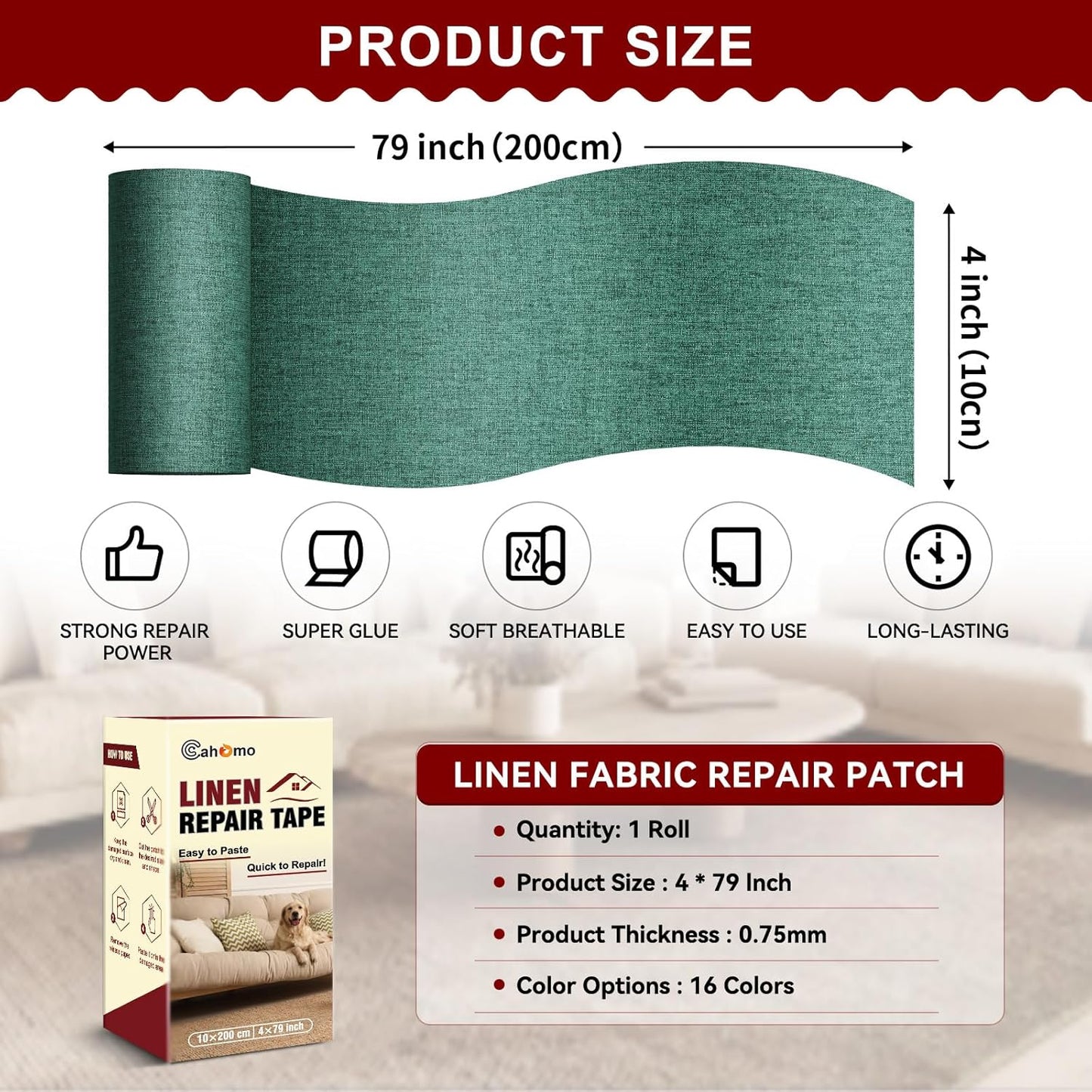 Linen Repair Tape 4x79 inch, Self Adhesive Fabric Patches, Linen Patch Tape Kit, Fabric Repair Tape for Couch Sofas, Headboards, Chairs, Pillows, Curtains, Couches - Green