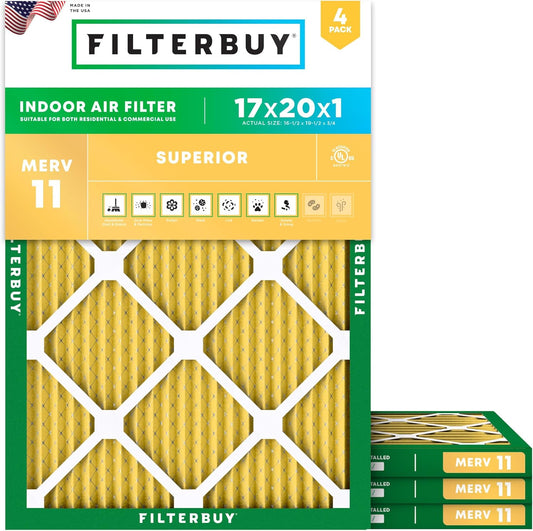 Filterbuy 17x20x1 Air Filter MERV 11 (MPR 1200) Allergen Defense Replacement (4-Pack), Electrostatic Pleated HVAC AC Furnace Filters, Made in USA (Actual Size: 16.50 x 19.50 x 0.75)