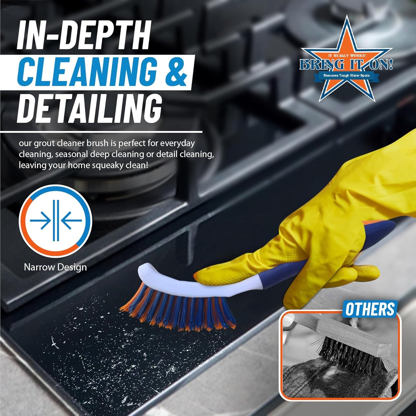 Bring It On Grout Cleaning Brush – Crevice Cleaning Brush with Stiff Nylon Bristles – Heavy-Duty Grout and Tile Cleaner Brush – Scrubbing Brush for Corners, Bathroom, Kitchen, Crevice Gaps