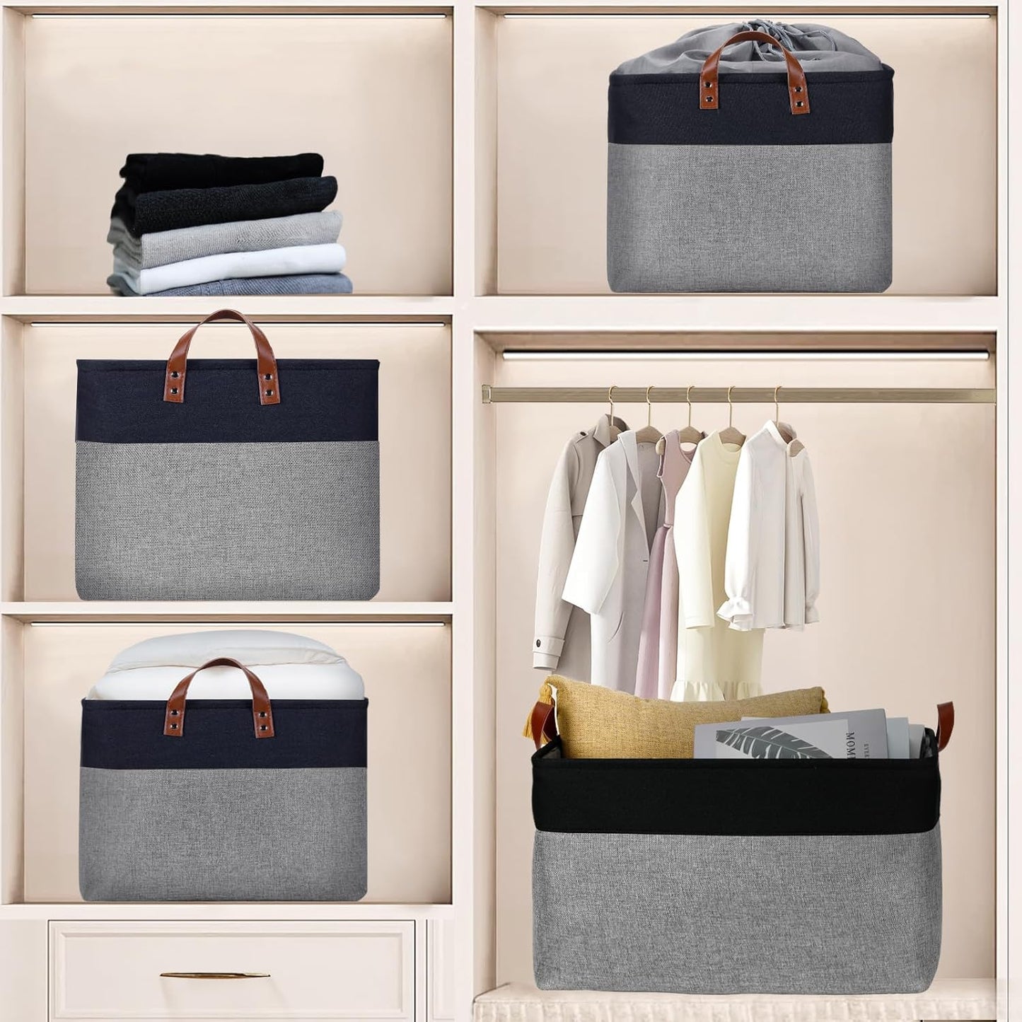 DULLEMELO Extra Large Canvas Fabric Storage Basket, 70L Foldable Closet Storage Bin with Handles, 22" Large Blanket Basket Living Room for Storage Toys, Pillows, Clothes, Books (Black&Grey)