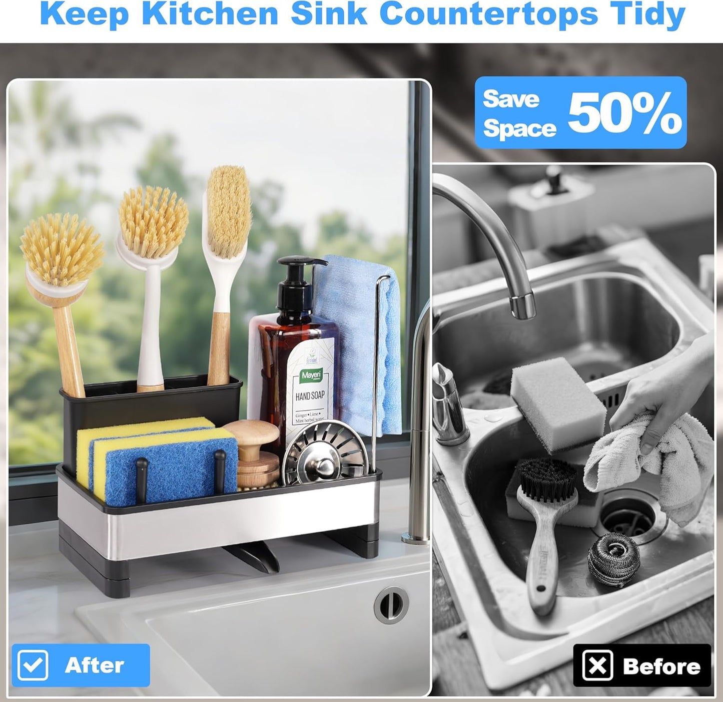 Stainless Steel Sponge Holder for Kitchen Sink Caddy Organizer Rack for Dish Brush Holder, Soap Dispenser and Wash Cloth with Rustproof Auto Drain Tray for Bathroom Countertop Storage