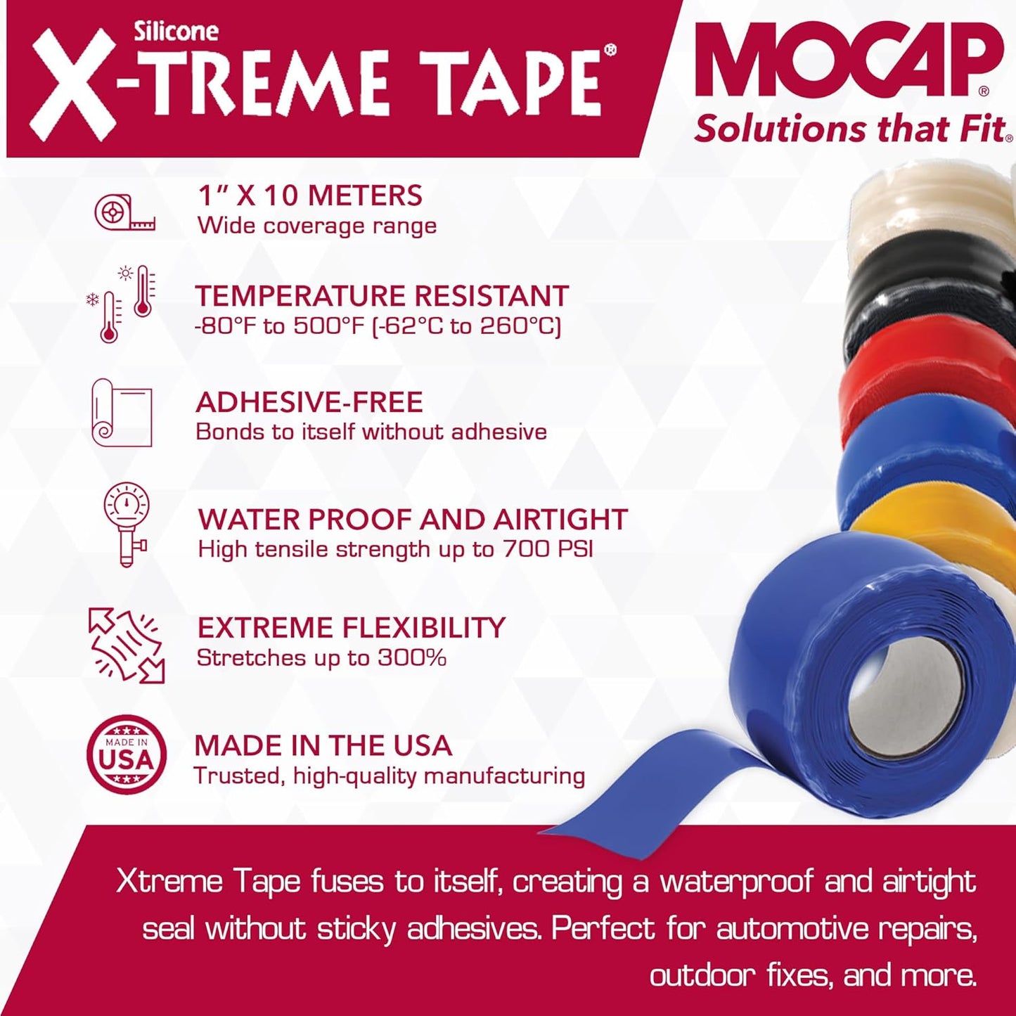 X-Treme Tape MOCAP Heavy Duty Electrical Tape, Self-Fusing Silicone Rubber, Waterproof & Insulating Flexible Tape, Electrical for Hose, Automotive, Outdoor & Repairs - 1" x 10ft Roll - Blue