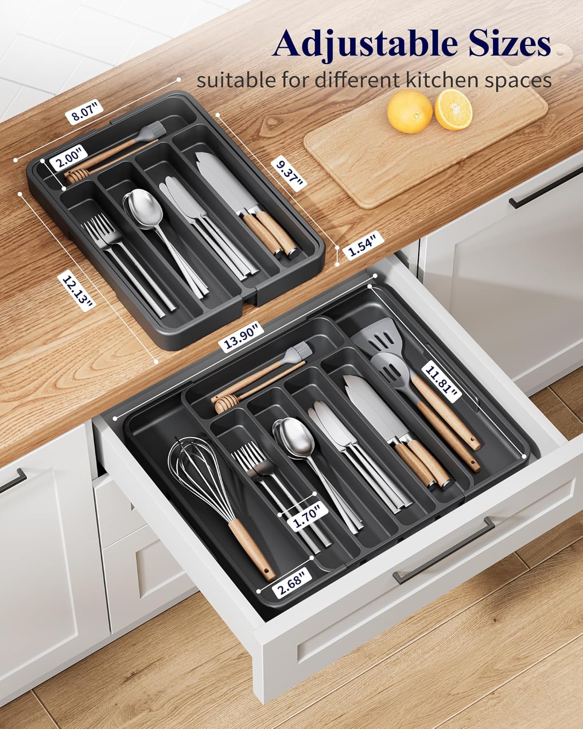 Kitsure Cutlery Drawer Organiser for Kitchen - Adjustable Cutlery Tray for Effortless Utensil Sorting, Versatile Kitchen Storage & Organisation Solution, 12.13" x 1.54" x 8.07"~13.90", Black