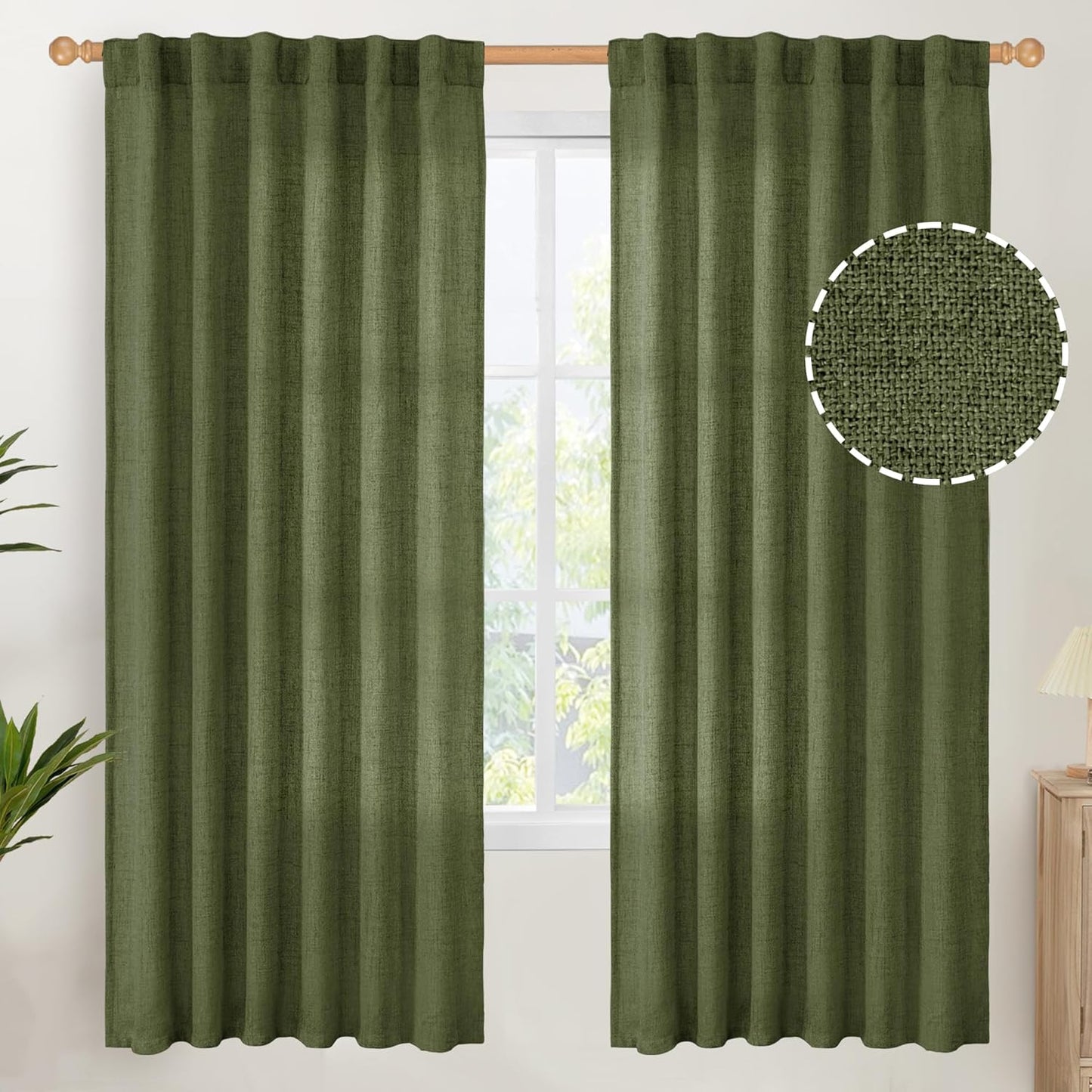 YoungsTex Olive Green Linen Semi Sheer Curtains 72 Inch Length for Living Room, Light Filtering Drape Rod Pocket Back Tab Window Treatment for Bedroom Dining, 2 Panels, 52 X 72 Inch