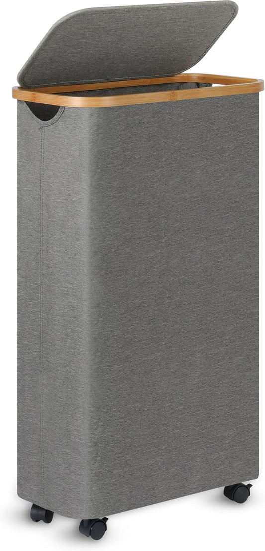 Slim Laundry Basket with Wheels,Narrow Hampers for Laundry, Laundry Hamper with Lid&Bamboo Handles,Dirty Clothes Hamper for for Bathroom Bedroom Dorm, 60L Grey