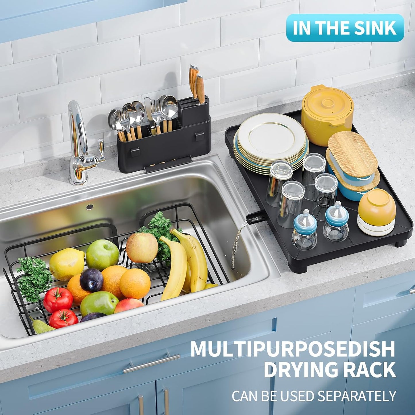 Dish Drying Rack for Kitchen Counter, Multifunctional Dish Drainer Rack, Kitchen Dish Rack, Sink Dishes Strainer, Plate Rack with Drain Board, Cup Holder, and Cutlery Holder,Medium Size Black