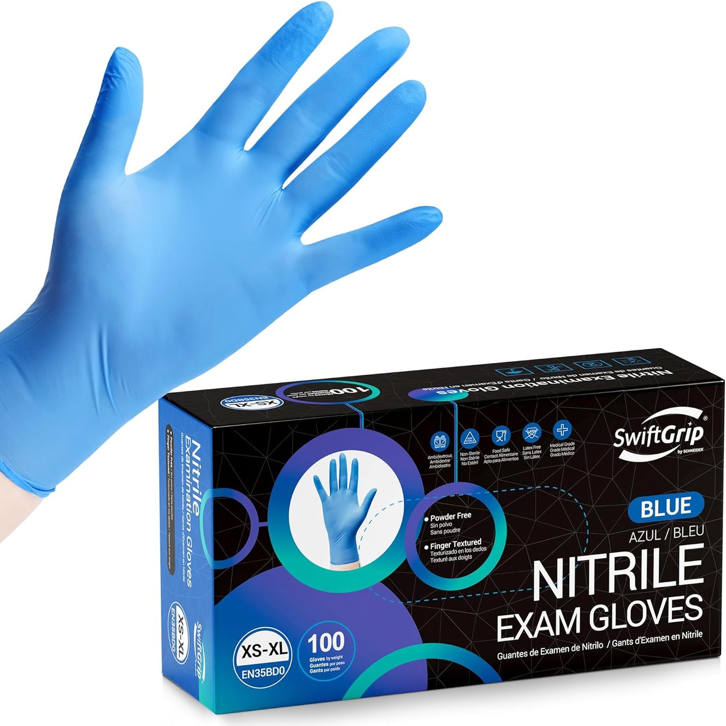 Disposable Nitrile Exam Gloves, Blue, Nitrile Gloves Disposable Latex Free, Medical Gloves, Cleaning Gloves, Food-Safe Rubber Gloves, Powder Free, Non-Sterile, 100-ct Box (Large)