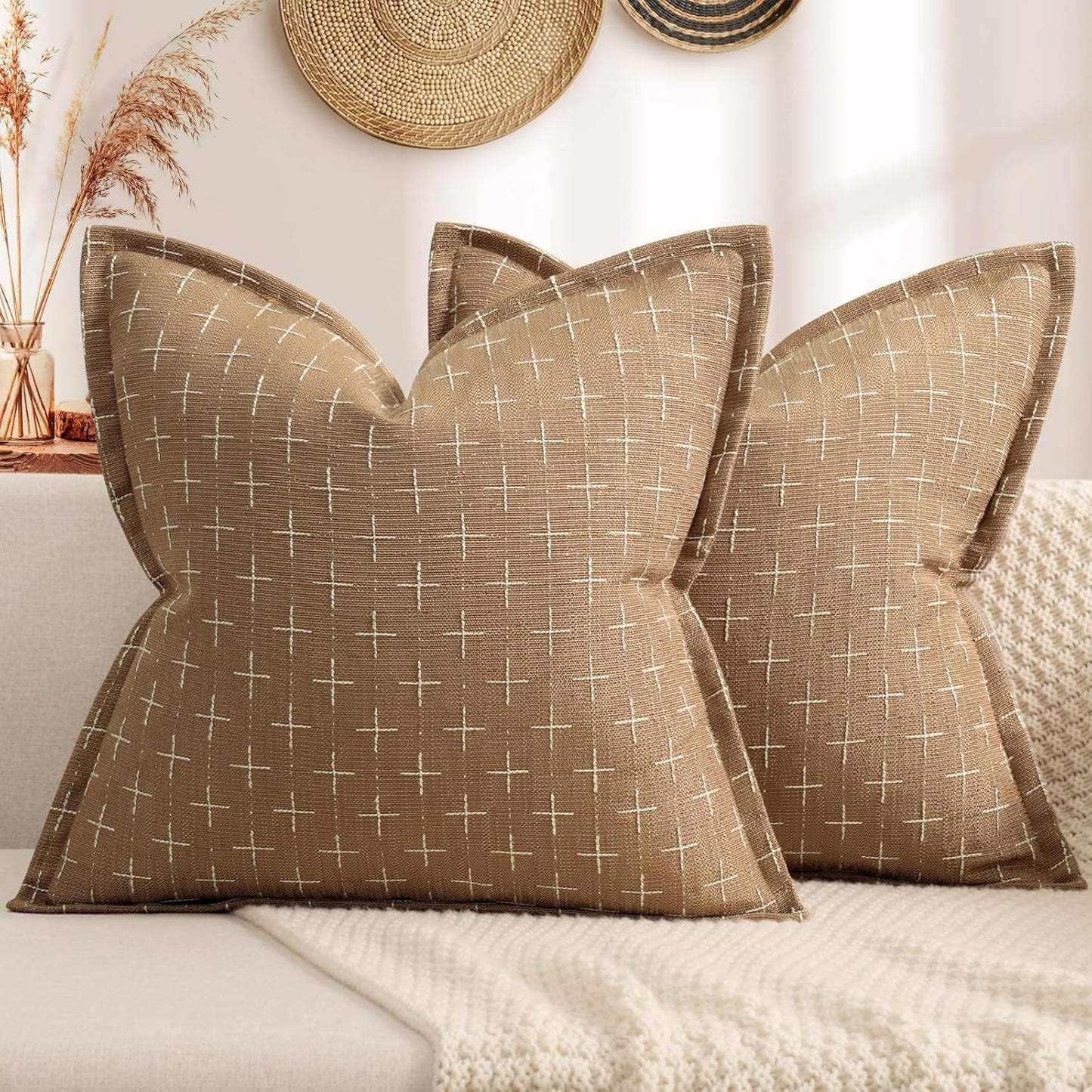 ZWJD Throw Pillow Pillow Covers 18x18 Set of 2 Soft Polyester Textured Pillow Covers with Stylish Flange Edge Cozy Farmhouse Throw Pillows for Couch Bed Sofa Living Room