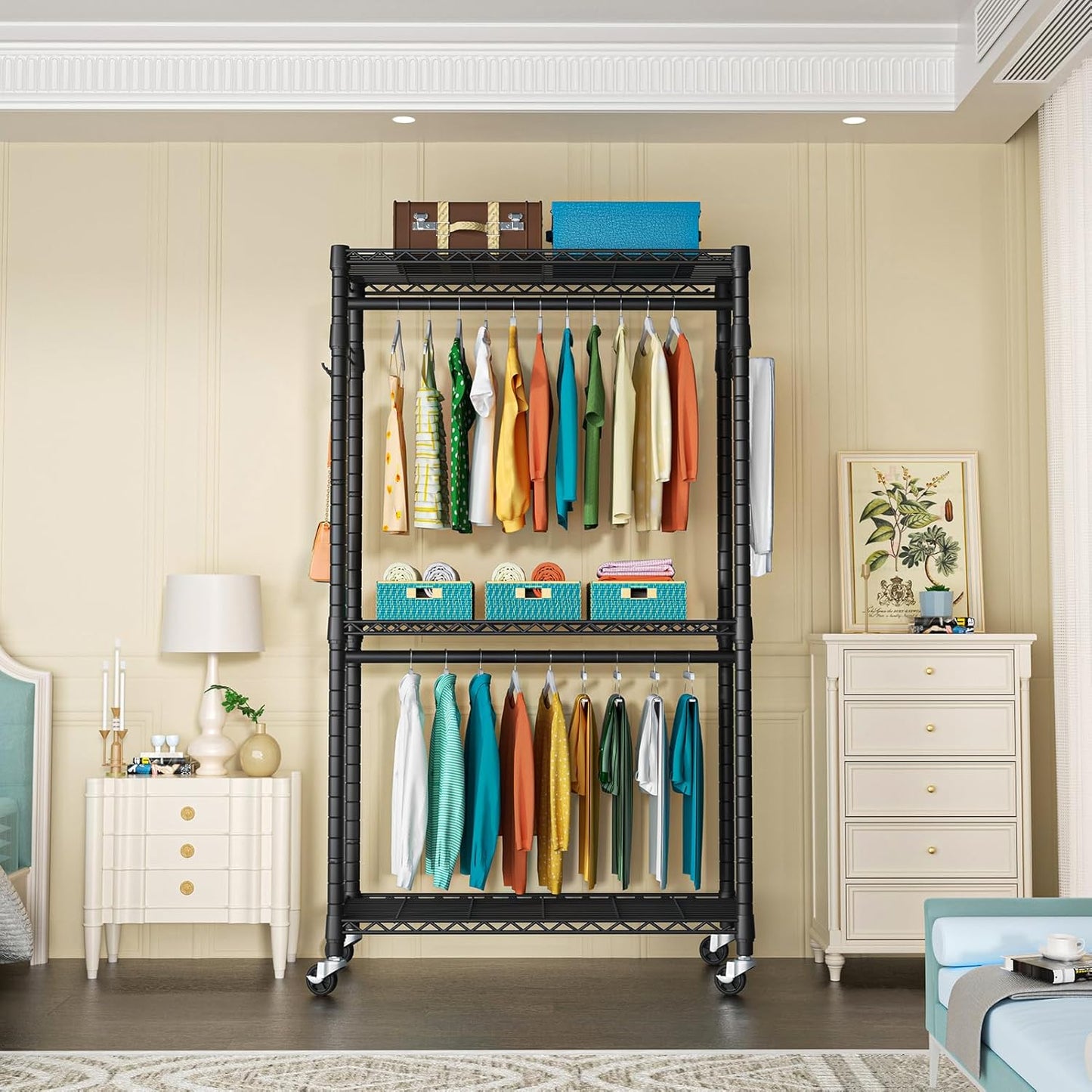 FUTASSI P1 Heavy Duty Garment Rack, 3 Tiers Adjustable Rolling Metal Closet Organizer with Lockable Wheels, FreeStanding Wardrobe with Double Hanger Rods & 1 Pair Hooks, Max Load 450 LBS, Black