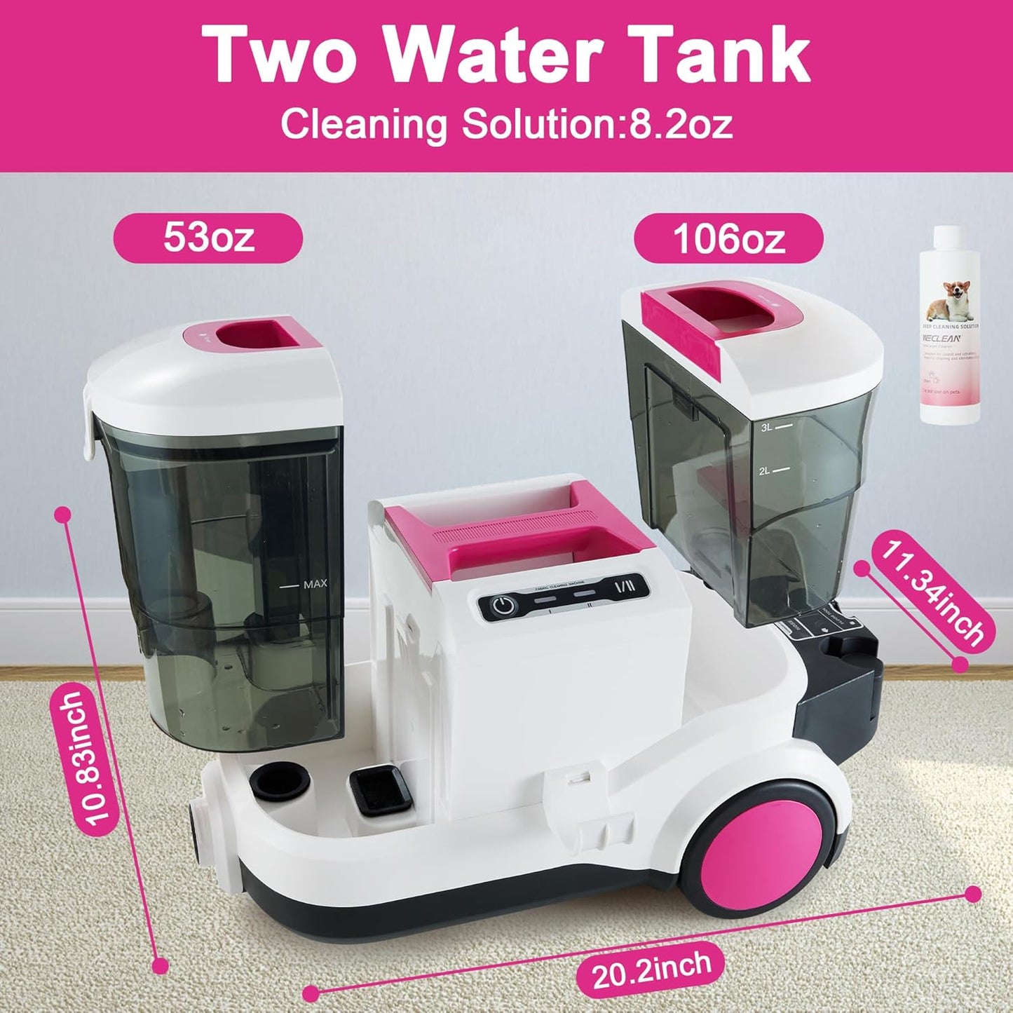 WECLEAN Carpet Cleaner Machine and Stain Remover for Deep Cleaning Upholstery for Carpets Rugs and Fabric Seats,800W 18Kpa，3L Clean Tank and 1.5L Dity Tank, Pink