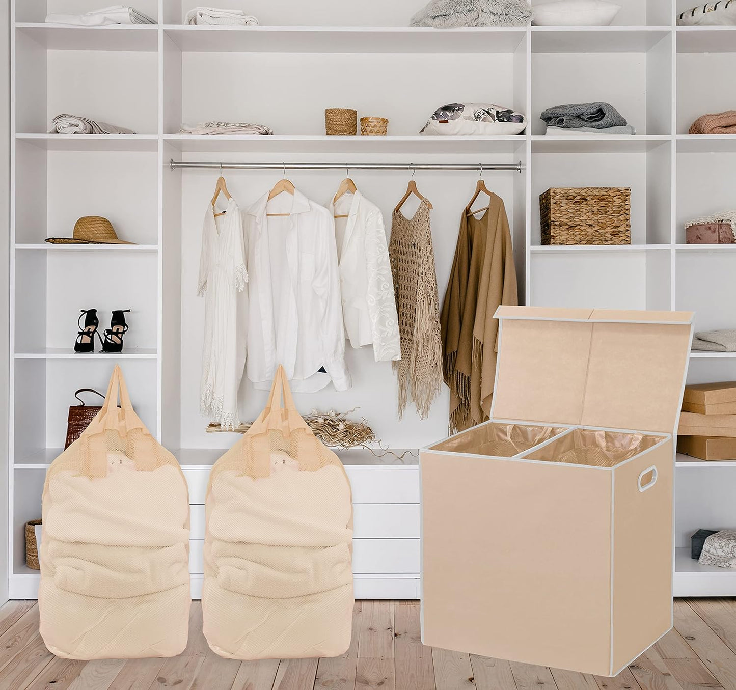 Simple Houseware Double Laundry Hamper with Lid and Removable Laundry Bags, Beige