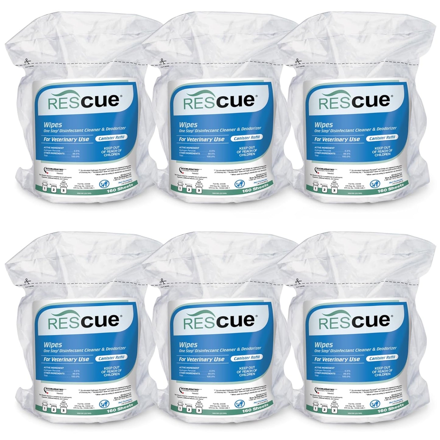 REScue One-Step Disinfectant Cleaner & Deodorizer Wipes for Vet Use – Cleaner for Kennels, Litter Boxes, Vet Offices, Pet Grooming Surfaces, Pet Boarding – Wipes Canister Refill, 160 Count (6 Pack)