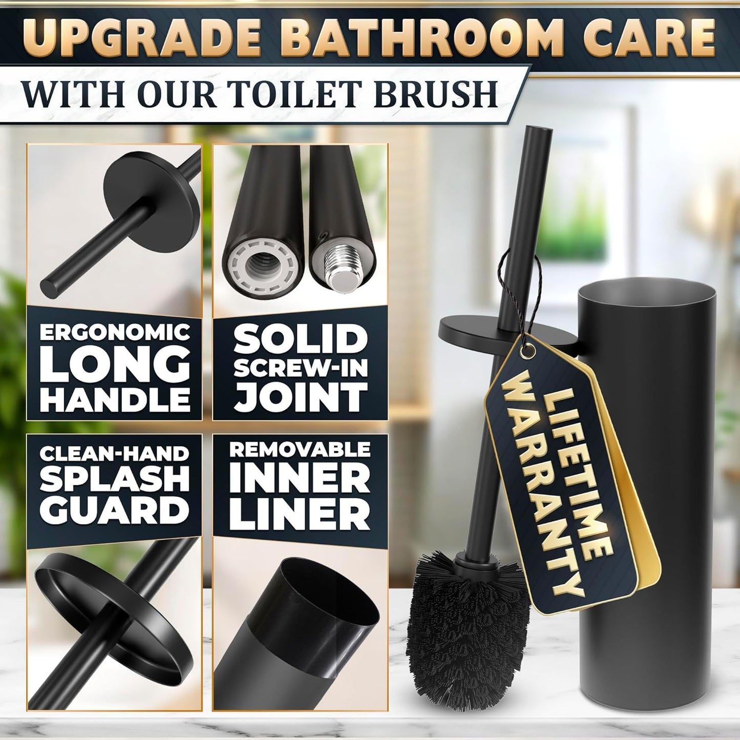 Black Toilet Brush and Holder Set - Scratch Resistant Black Toilet Bowl Brush and Holder with Soft Bristles Replaceable Head, Protection from Splashes, and Compact Design - for Effective Cleaning
