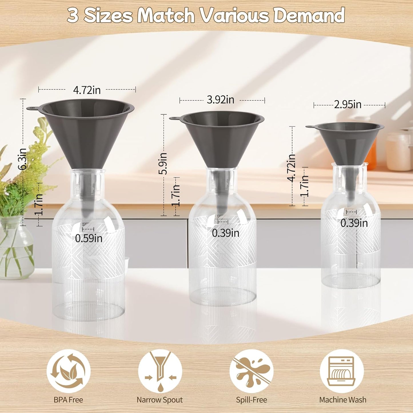 Plastic Kitchen Funnel Set of 3 with Clean Brush, Round Food Funnels for Kitchen Use, Multifunctional Funnels for Filling Canning&Bottles, Suitable for Cooking, Lab and Automotive Use