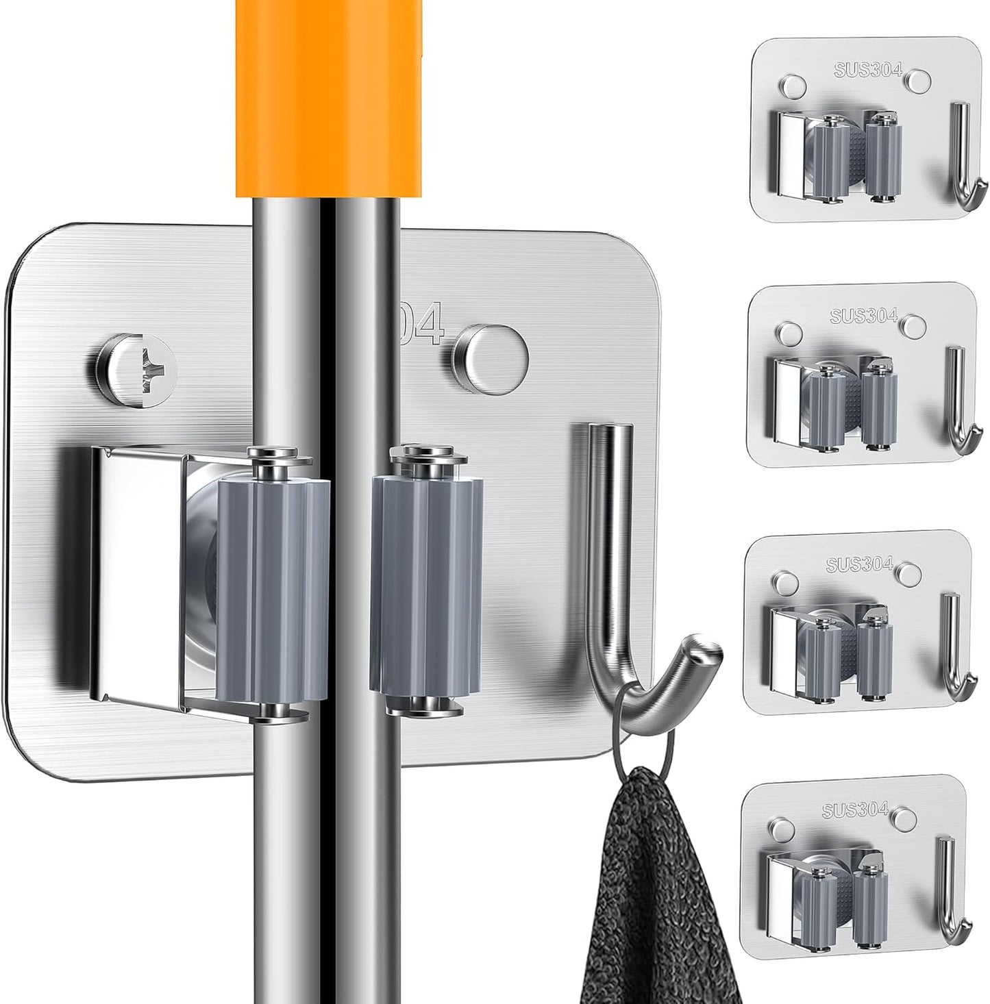 4 Pack Stainless Steel Mop and Broom Holder Wall Mount with Hook, Screw Drilling Mop and Broom Hanger, Single Heavy Duty Storage Rack for Laundry Garage Closet Garden Tool Organizer, Silver