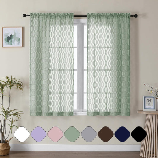 Aiyufeng Sheer Green Curtains 54 Inch Length 2 Panels, Soft Lightweight Clip Jacquard Textured Farmhouse for Bedroom, Modern Wavy Line Voile Sheer for Living Room, 40" Wx54 L Inches