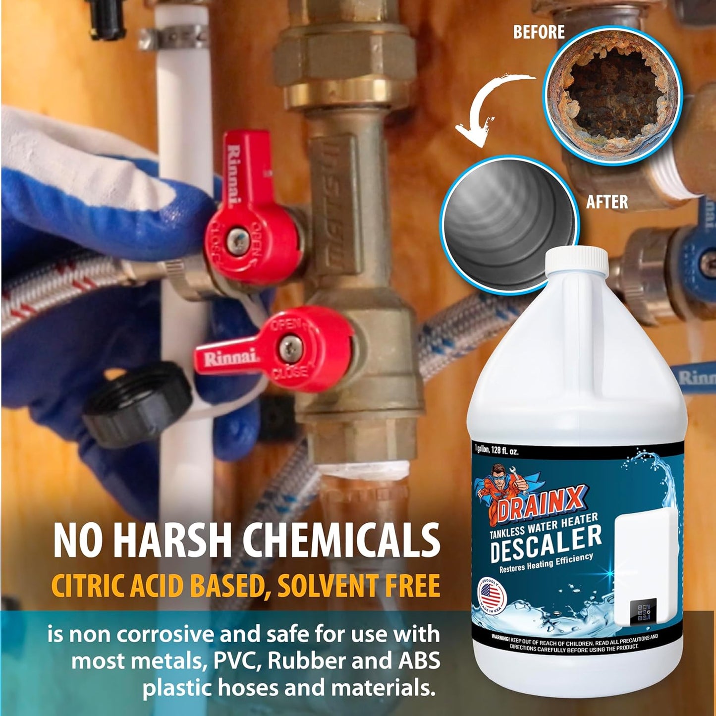 DrainX Tankless Water Heater Descaling Solution | Highly Effective Descaler Restores Heating Efficiency, Gallon, 128 fl oz