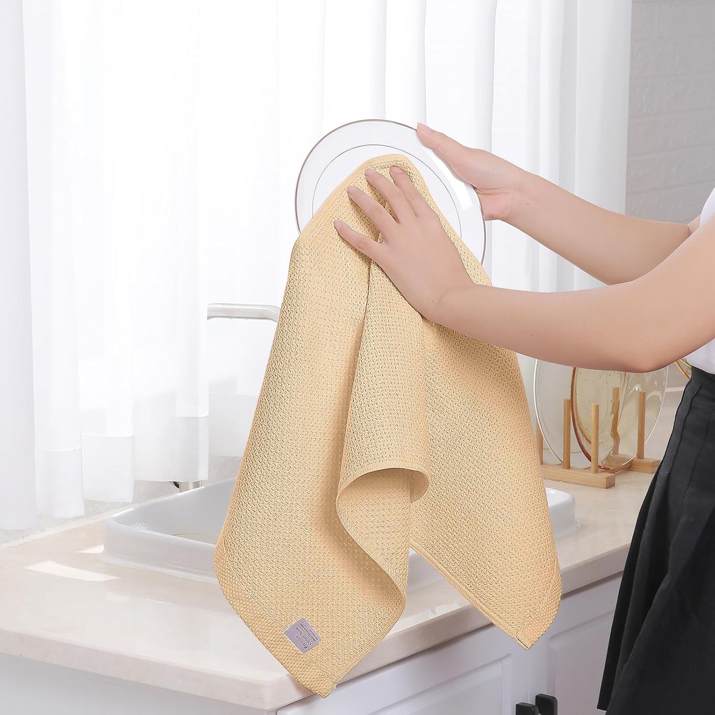 Homaxy 100% Cotton Waffle Weave Kitchen Dish Towels, Ultra Soft Absorbent Quick Drying Cleaning Towel, 13 x 28 Inches, 4-Pack, Apricot