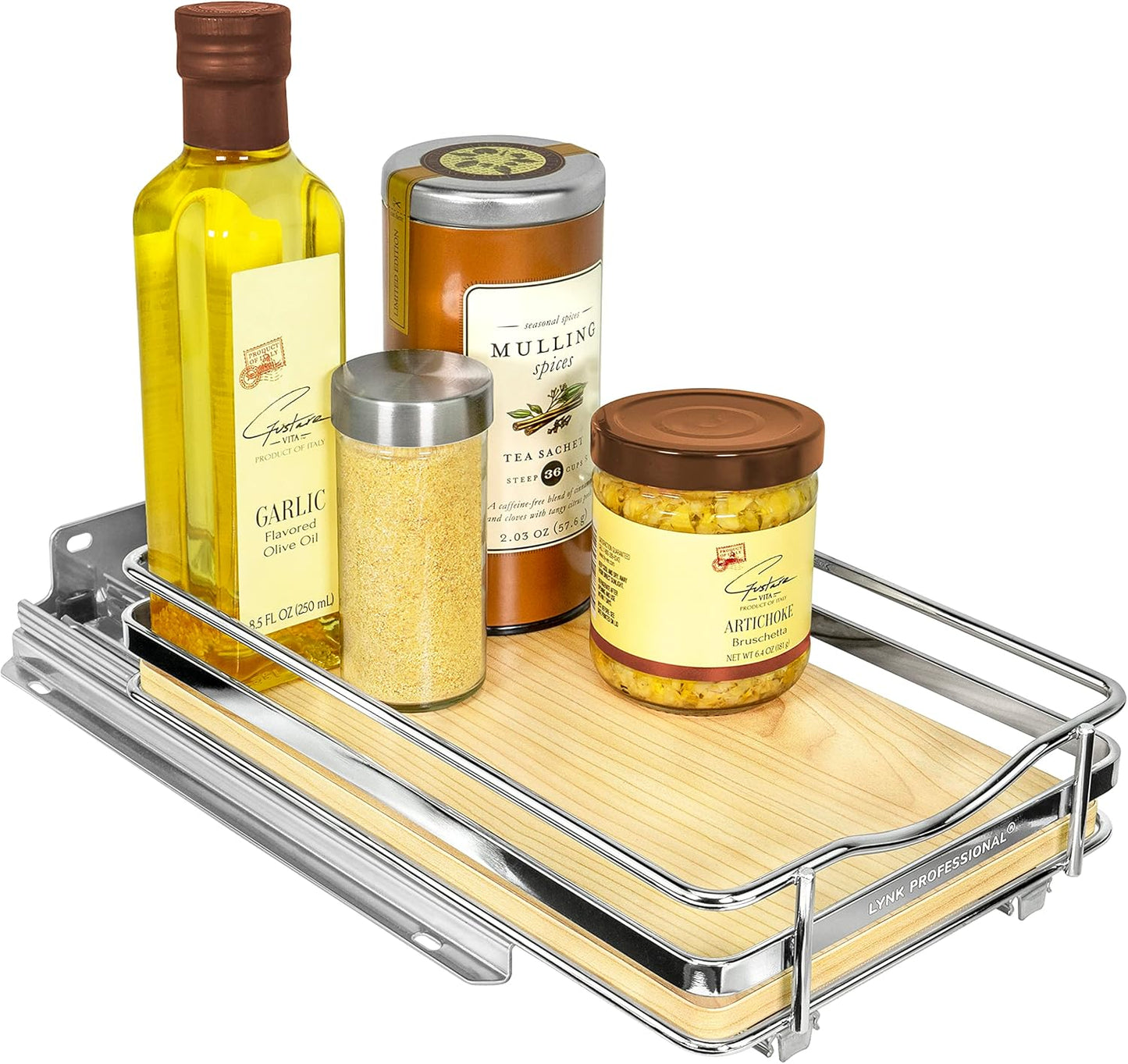 LYNK PROFESSIONAL® Élite™ Pull Out Spice Rack Organizer for Inside Kitchen Cabinets - 6-1/4 inch Wide - Slide Out Drawer – Wood/Chrome Sliding Spice Cabinet Organization Shelf Racks - 1 Tier