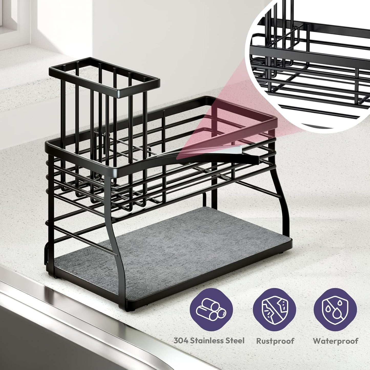 SWTYMIKI Sponge Holder for Kitchen Sink - 2 Tier Rustproof Sink Caddy with Instant Drying Stone, Removable Dish Brush Holder, Stainless Steel Kitchen Caddy for Coutertop Storage Accessories