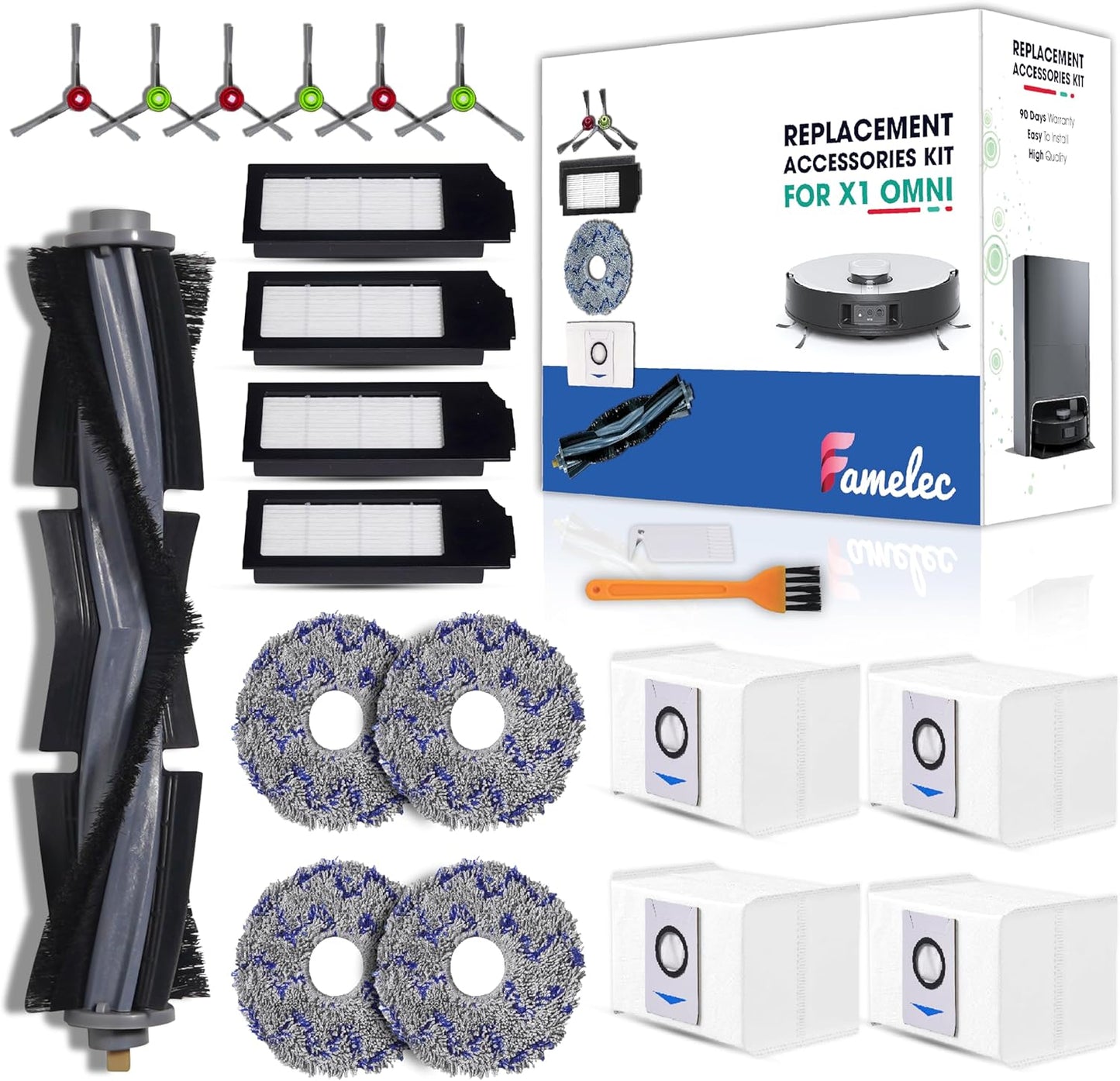 Upgrade Parts & Accessories for Ecovacs Deebot X1 Omni Robot Vacuum and Mop Combo-5000Pa Suction and X1 Turbo Vacuum Cleaner, 1 Main Brush, 6 Side Brushs, 4 Filters, 4 Mop Cloths, 4 Dust Bags