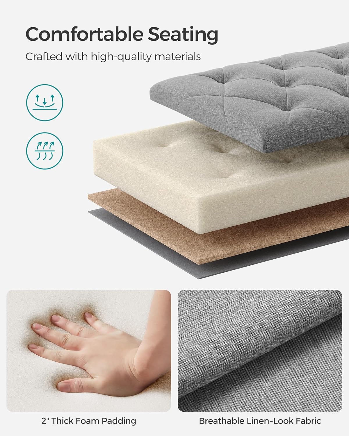 SONGMICS Storage Ottoman Bench, Foot Rest with Legs, 15.7 x 43.3 x 15.7 Inches, End of Bed Bench, Storage Chest, Load up to 660 lb, for Living Room, Bedroom, Entryway, Light Gray ULSF088G02