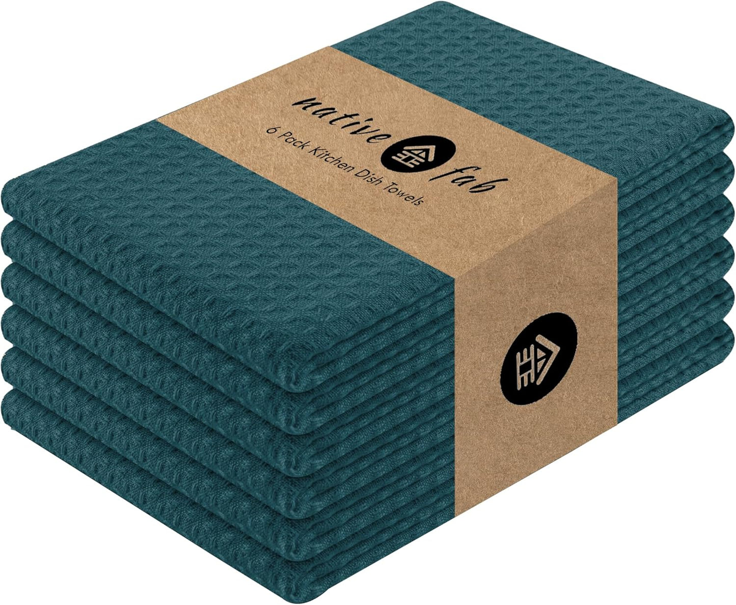 Native Fab Cotton Kitchen Towel with Hanging Loop 16x26 inches, 6-Pack, Waffle Weave Kitchen Towels for Cleaning Drying, Washcloths Soft & Absorbent Cloth Rags, Bar Towel, Dish Cloth, Teal Green