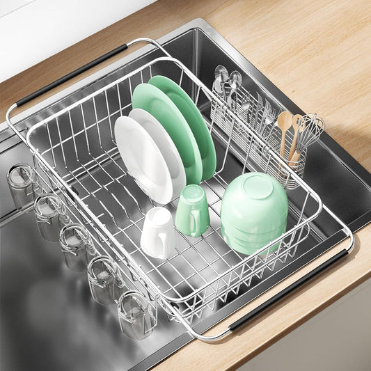 Dish Drying Rack in Sink, Extendable Stainless Steel Dish Drainers for Kitchen Counter, Anti-Rust Dish Dryer Rack with Utensil & Cup Holders, for Inside Sink, Over The Sink