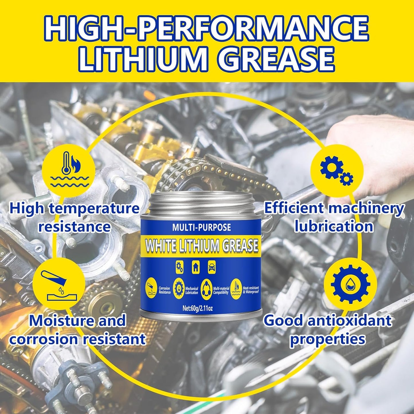 AstraVox Multi-Purpose White Lithium Grease, 60ml Automotive Grease with Brush for Hinges, Wheel Bearings, Gears, and Garage Doors, Bike, Lithium Lubricant Ideal for Household Use, Marine, Industrial