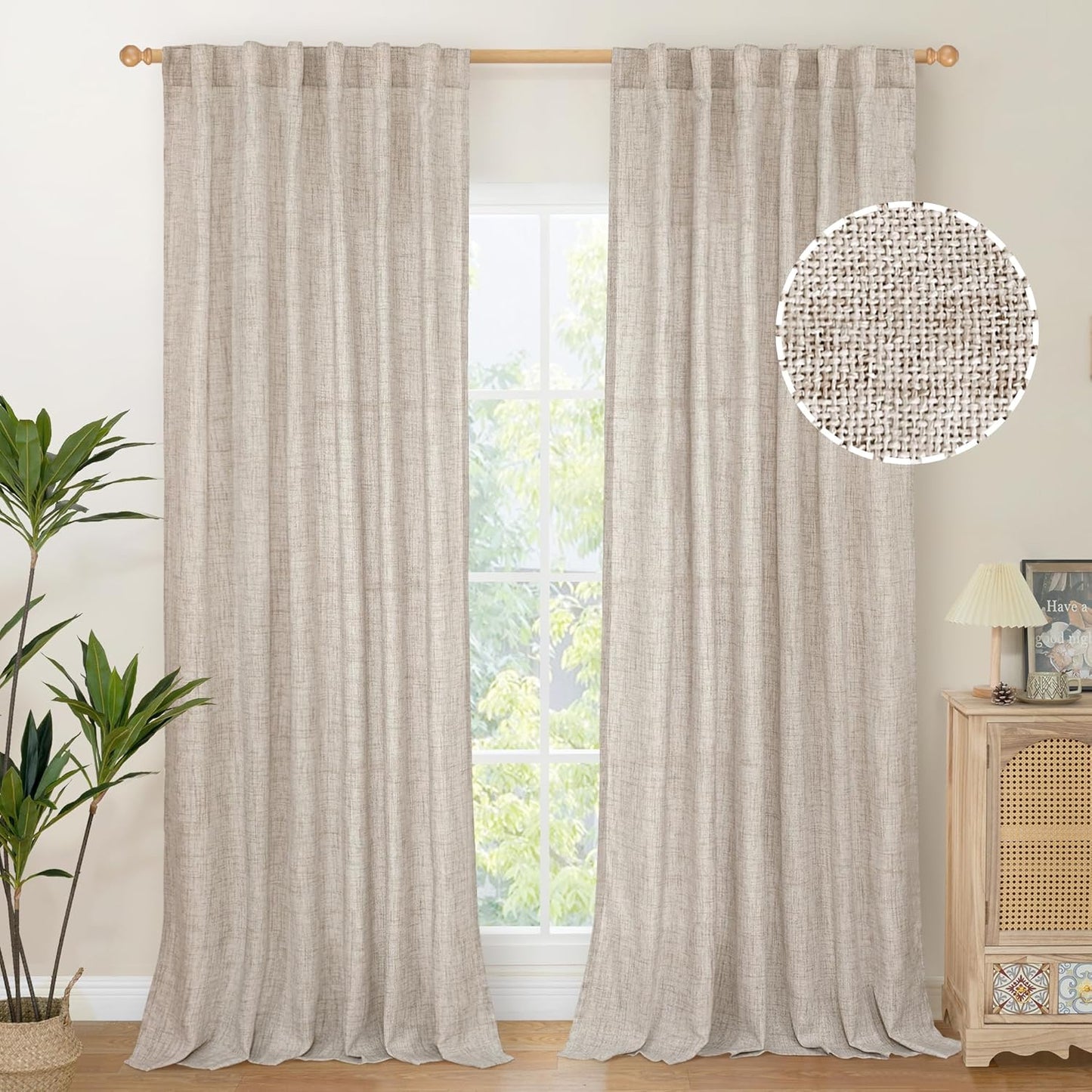 YoungsTex Linen Curtains Floor Length 102 Inch Long for Living Room Back Tab and Rod Pocket Light Filtering Window Drapes for Dining Room Bedroom, 52 X 102 Inch, 2 Panels