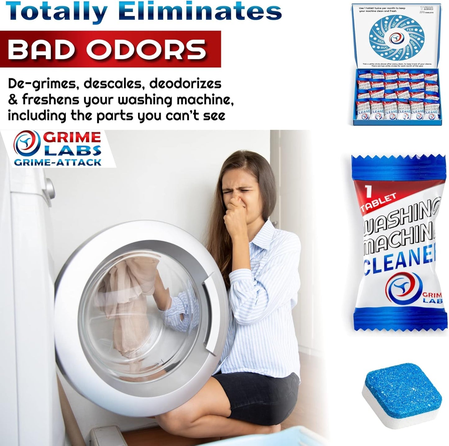 Washing Machine Cleaner Tablets - Penetrating Deep Clean Washer Cleaner Tablets For Front Loader And Top Load HE - Active Formula Tub Descaler Deodorizer