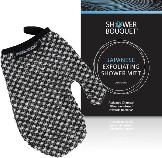 Japanese Exfoliating Mitt for Shower [1-Pack, White] - Charcoal & Silver Ion Exfoliating Glove - Gentle Exfoliation & Deep Cleansing Shower Mitt - Exfoliating Body Scrubber Glove, Soft Fabric Inside
