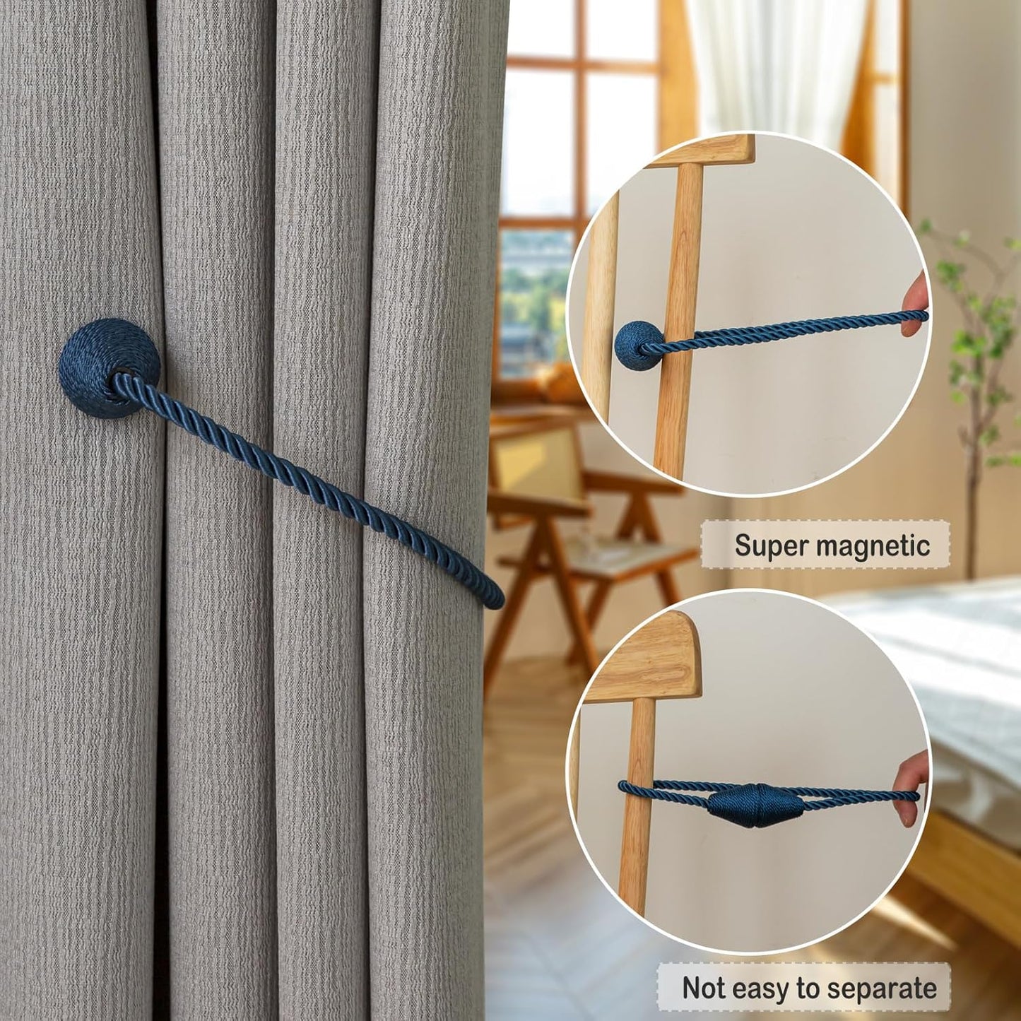 Magnetic Curtain Tiebacks 6 Pack Outdoor Rope Curtain Tie Backs Decorative Window Treatment Holdbacks for Home Decorative Curtain, Blue