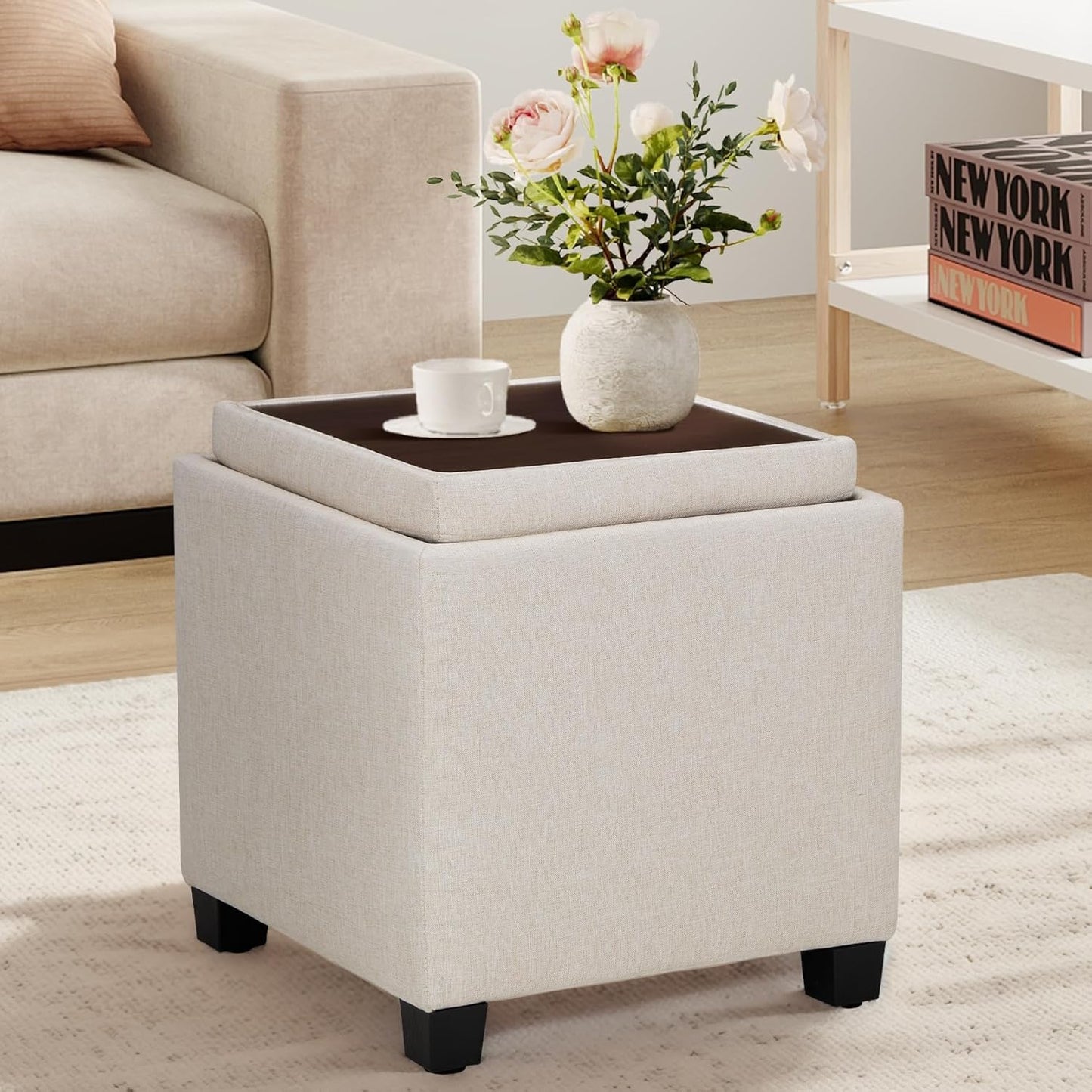 COLAMY Fabric Square Storage Ottoman with Reversible Tray Lid – Multi-Functional Footrest, Hidden Storage, Sturdy & Stylish Small Coffee Table for Living Room, Bedroom, or Entryway(Beige)