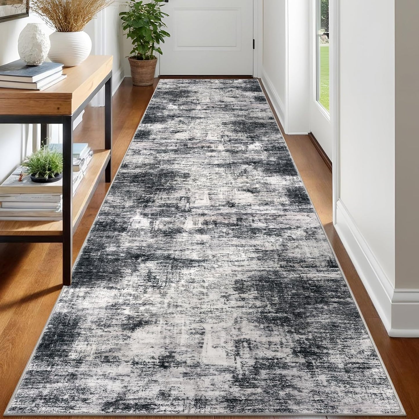 IOHOUZE Abstract Runner Rug 3x12 Ft Washable Runners for Hallways, Non Slip Kitchen Runner Printed Faux Wool Entryway Runner Indoor, Modern Abstract Floor Carpet for Hall Kitchen, Black Grey