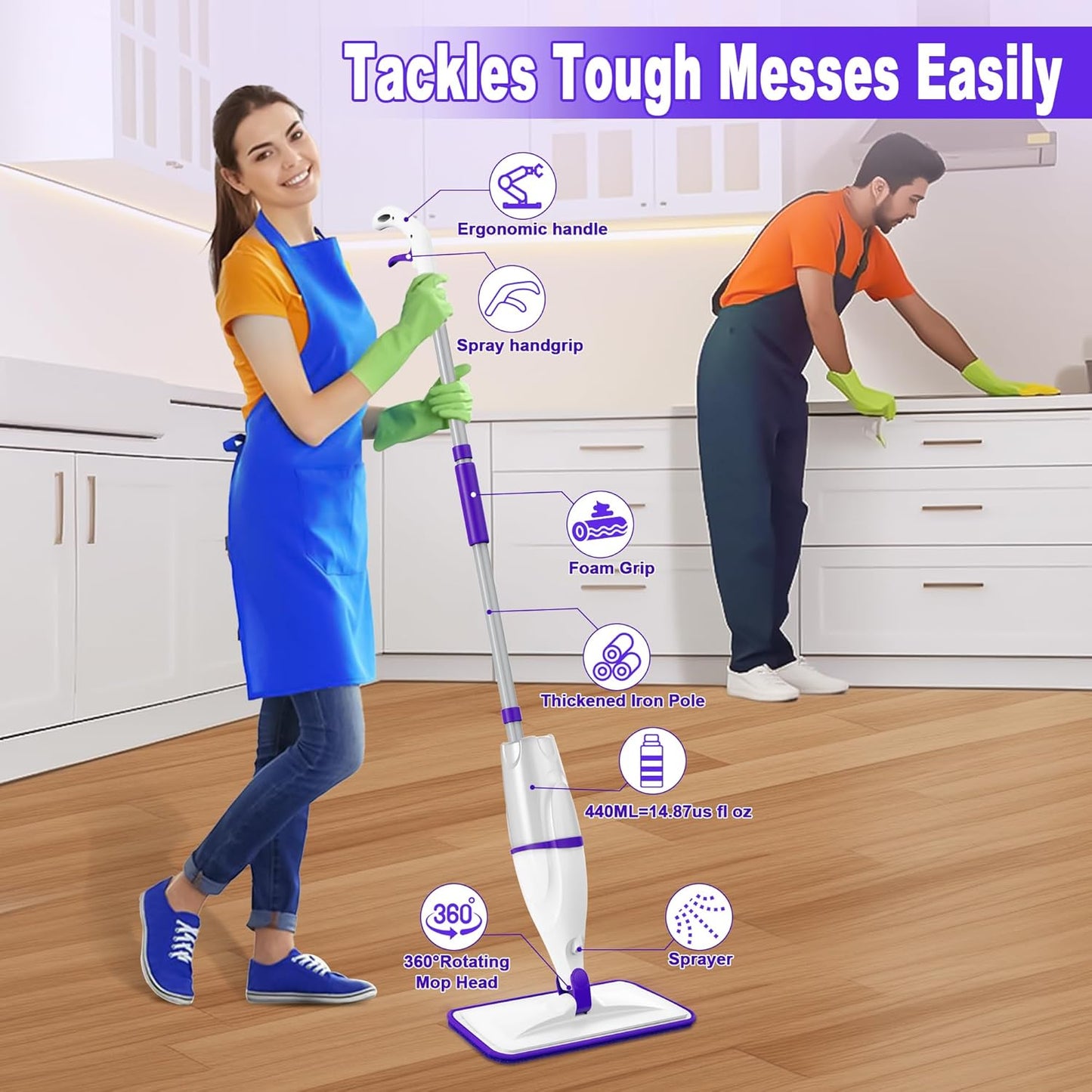 Spray Mop for Hardwood Floor Cleaning: EXEGO Wet Mops with 5 Microfiber Refillable Pads for Swiffer Powermop - Mopping Tools with Sprayer for Tile Wood Laminate Vinyl Marble