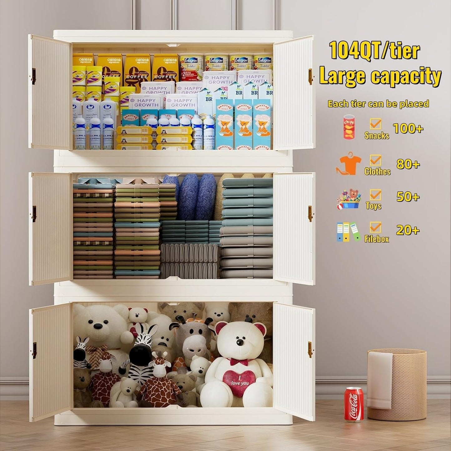 Stackable Storage Bins with 1 lid Stackable Storage Drawers for Clothes, Collapsible Stackable Storage Bins for Clothes, Home, Office (4 tiers)