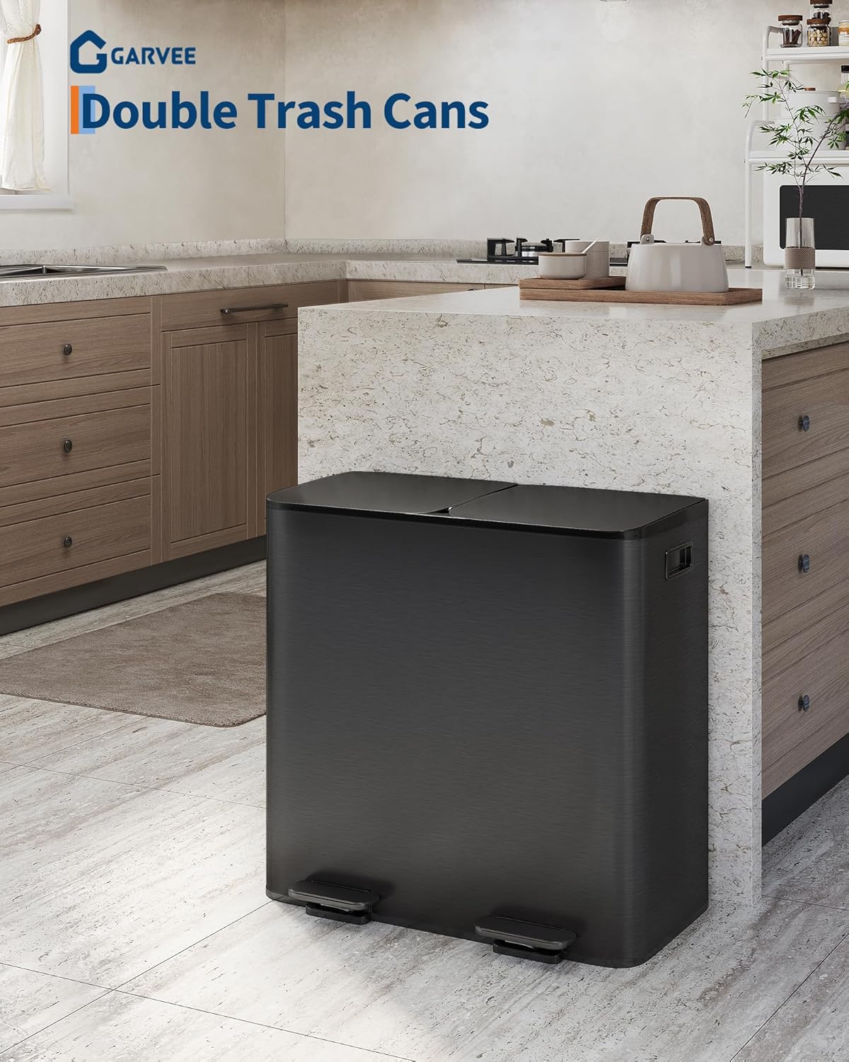 GarveeHome 2 x 10.6 gal Stainless Steel Double Trash Can with Lid for Kitchen, Large Dual Trash and Recycle Bin Combo, Step-on Kitchen Metal Garbage Cans, PP Inner Buckets, Liner Rim, Matte Black