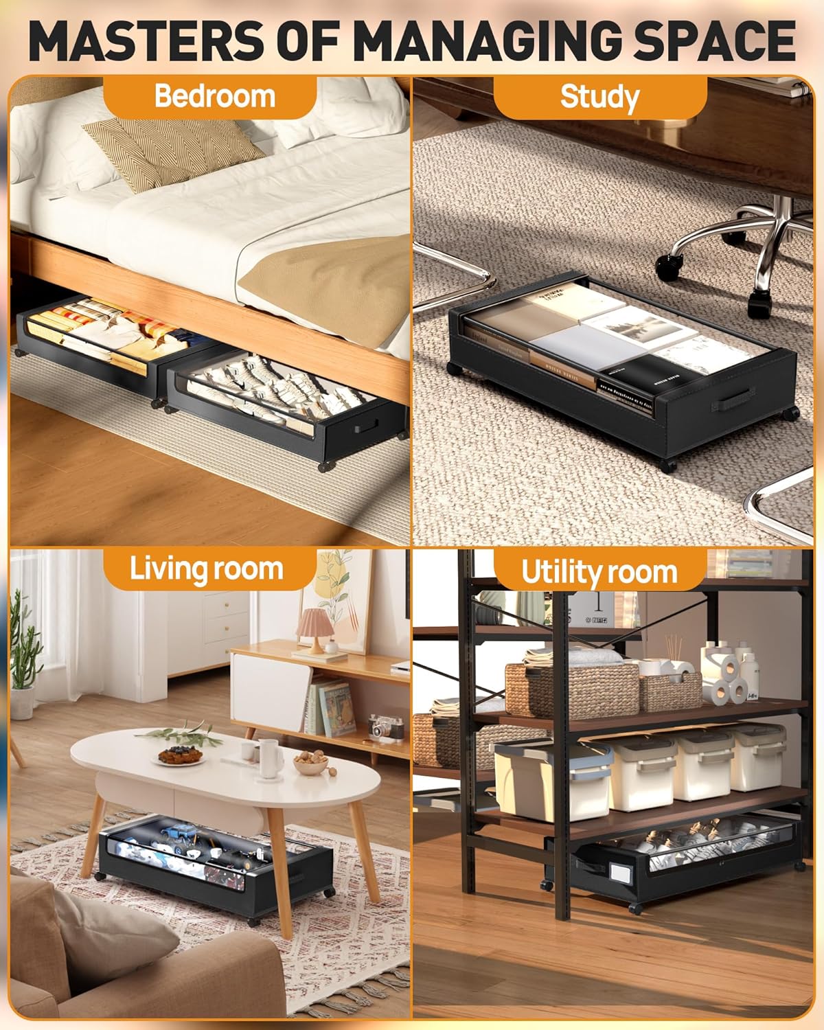 Under Bed Storage With Wheels, 2 Pack Square Containers, 60L Bins, Rolling Metal Drawer for Clothes, Blankets, Shoes