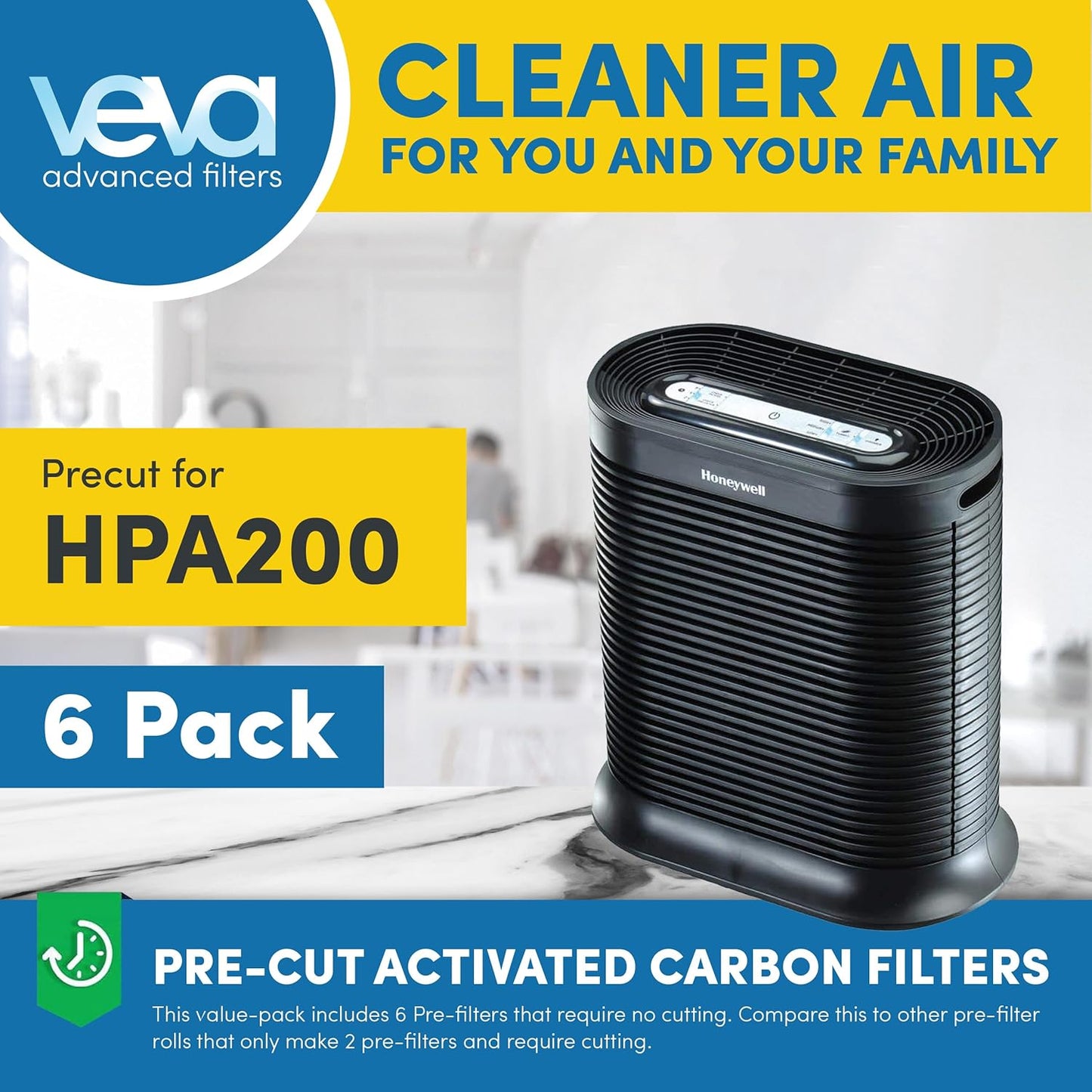 VEVA Air Purifier Filter Replacements - 6 Pack Precut & Compatible with Honey-well HPA200 Purifiers - Premium Activated Carbon Pre-Filters