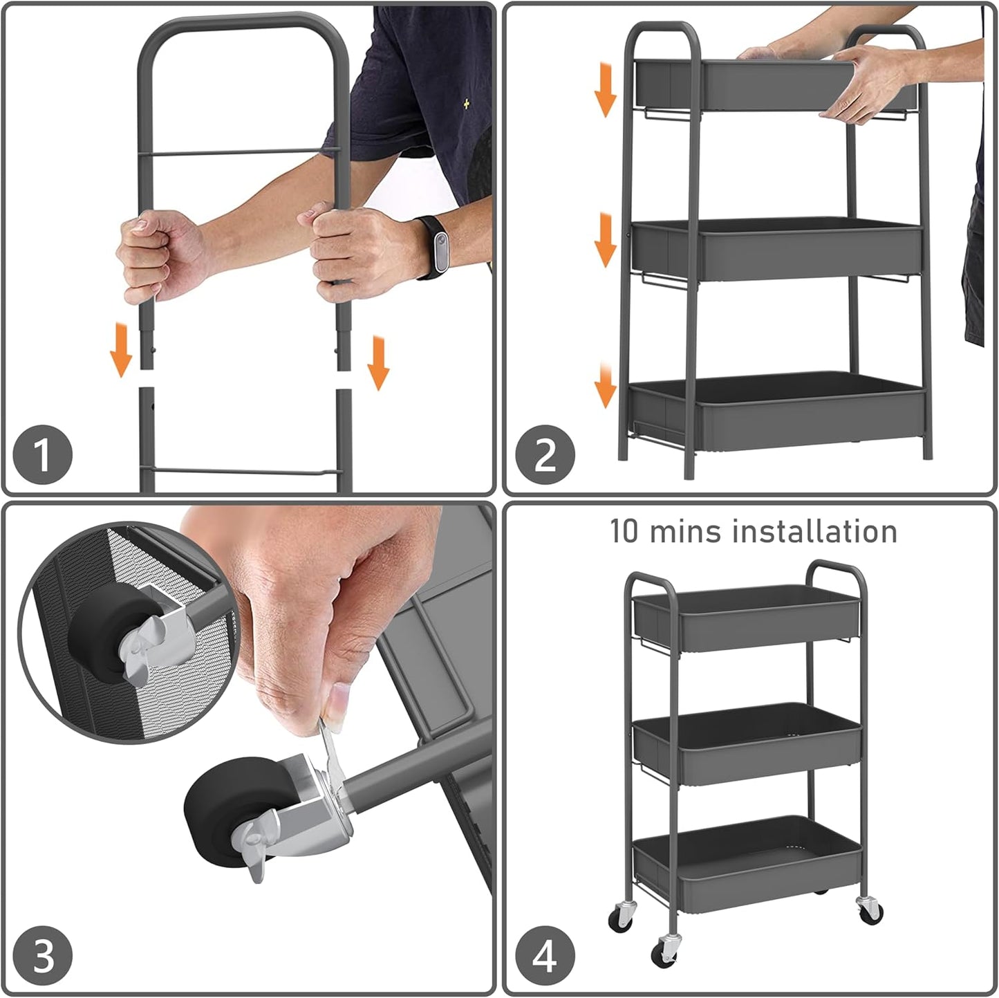 CAXXA 3-Tier Rolling Metal Storage Organizer - Mobile Utility Cart with Caster Wheels, Gray