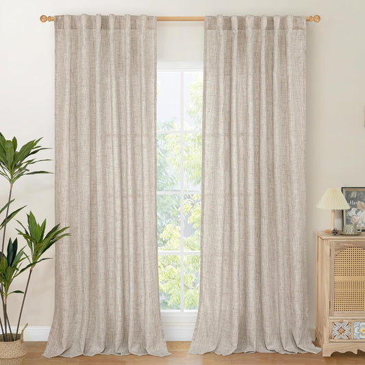 YoungsTex 84 Inch Length Linen Curtains for Living Room 2 Panels - Semi Sheer Drapes with Rod Pocket Back Tab Light Filtering Window Treatments for Bedroom Dining, Natural, 52 X 84 Inch
