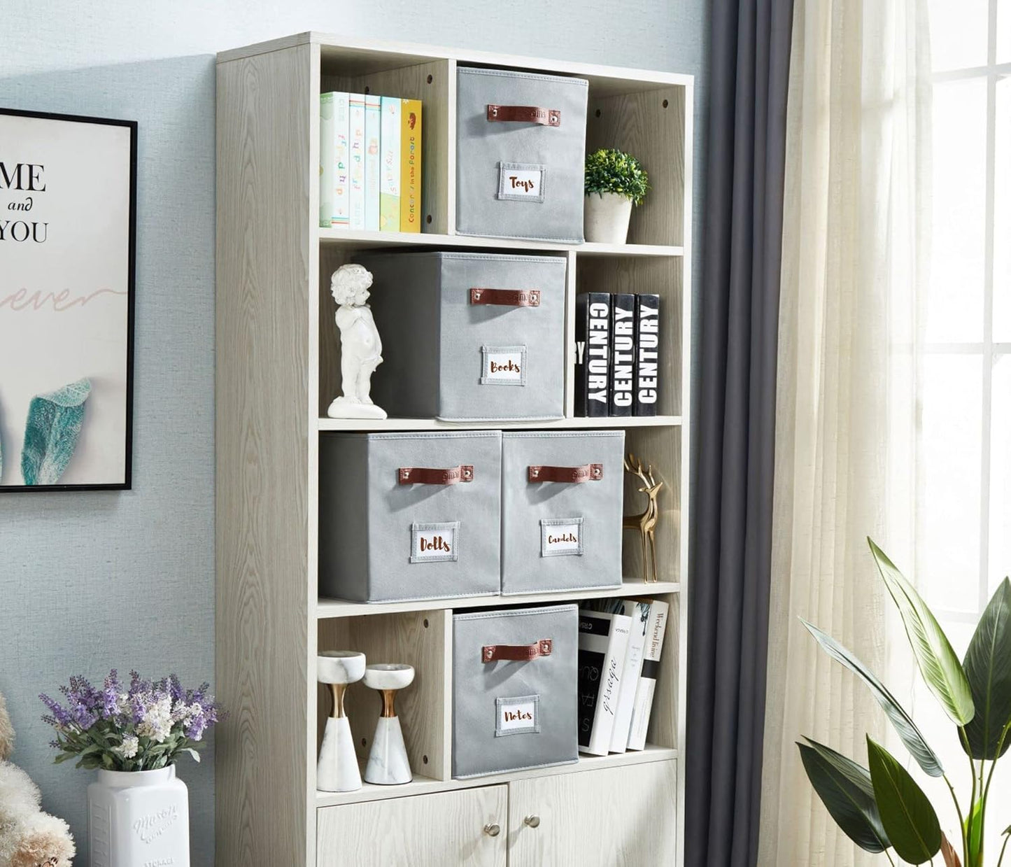 DECOMOMO Storage Bins, Cube Storage Bin with Labels, Fabric Storage Cubes for Shelves (10.5" x 11" / 6pcs, Grey)